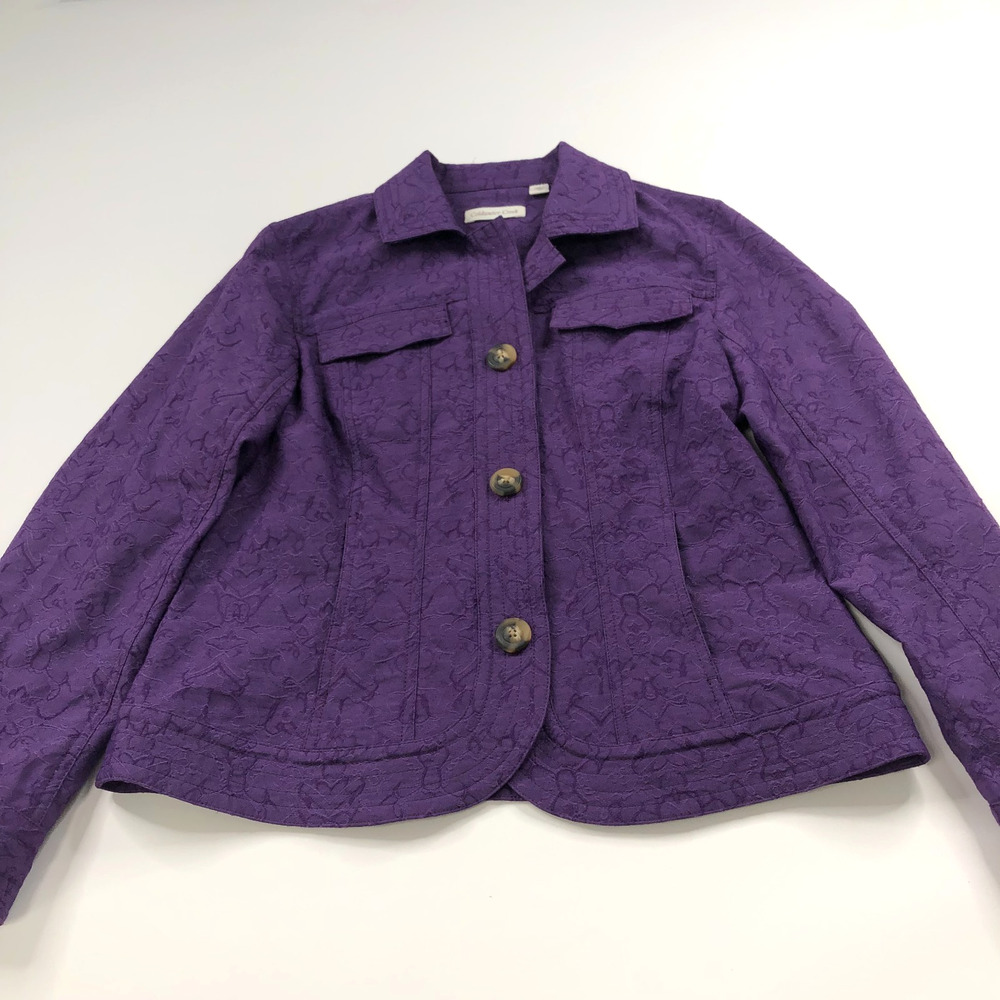 Coldwater Creek 12 Embossed Brocade Button Collared Jacket All Over Print Purple